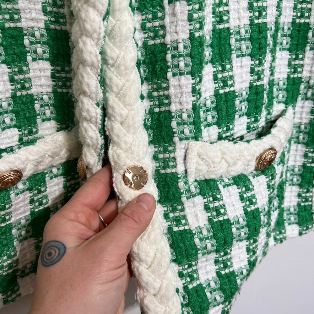 Tuckernuck Green and White Tweed Braided-Trim Blazer - Picture 7 of 8